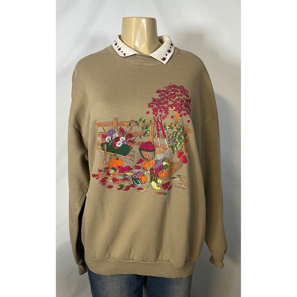 Gopher Sport Womens XL Vintage Fall Harvest Pumpkin Sweatshirt Tan Double Collar